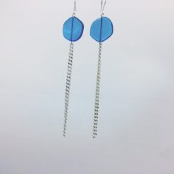 boucles d'oreilles longues galet harmonique bleu turquoise et fil gourmette argent