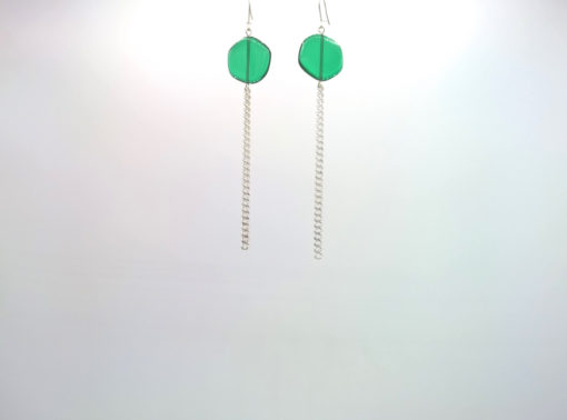 Boucles d'oreilles Galet Harmonique Cristal de Bohême Vert émeraude + Fil Argent brillant