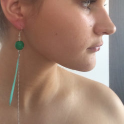 Bijou de cou Plume et Agate Vert émeraude en camaieu + Fil Argent diamanté