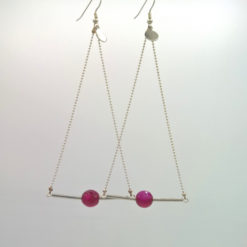 Pendant d'oreille Triangle d'Or Agate facetté rose fushia + Fil d'Argent diamanté