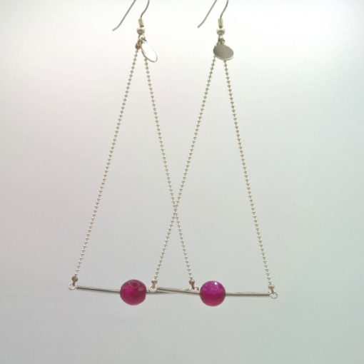 Pendant d'oreille Triangle d'Or Agate facetté rose fushia + Fil d'Argent diamanté